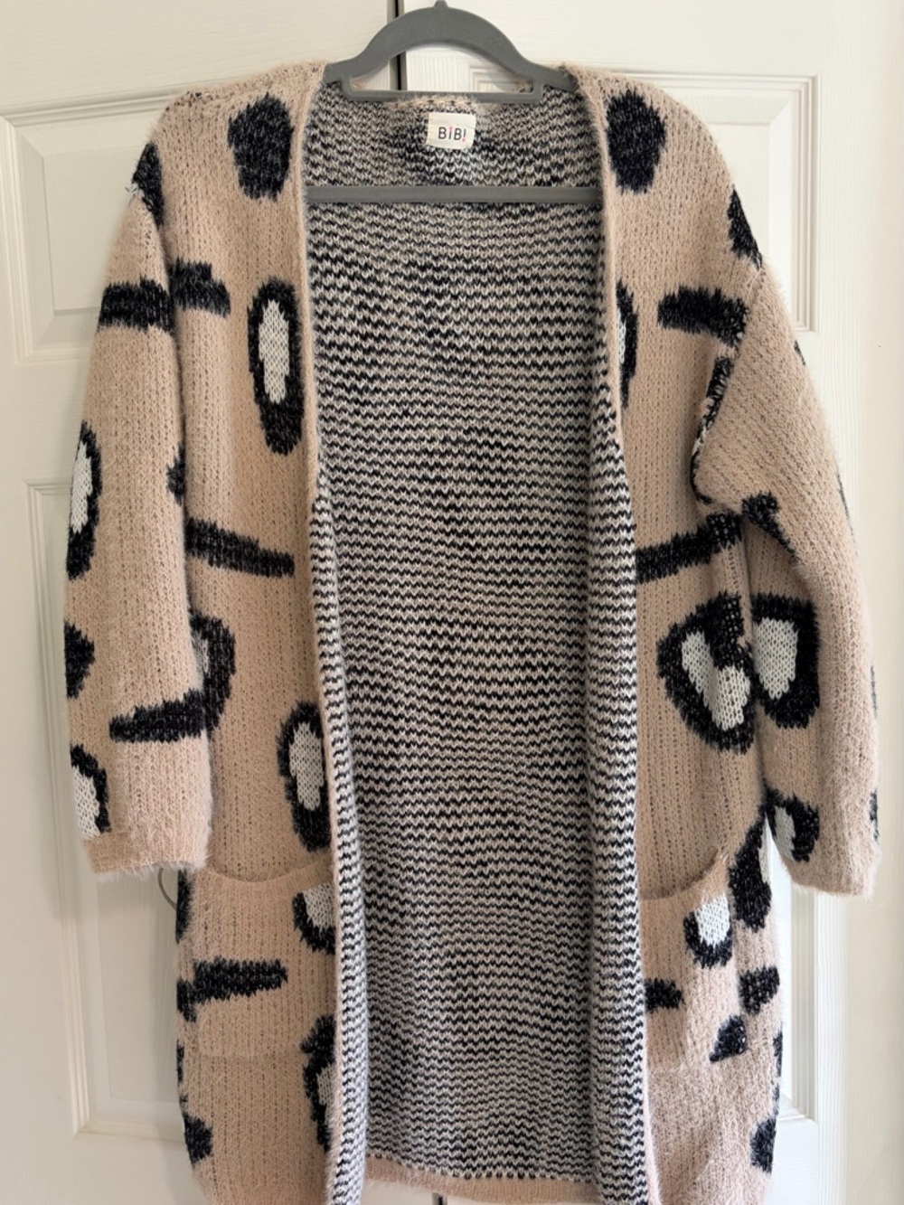 BiBi Beige, Black and White Open-Front Animal Print Cardigan